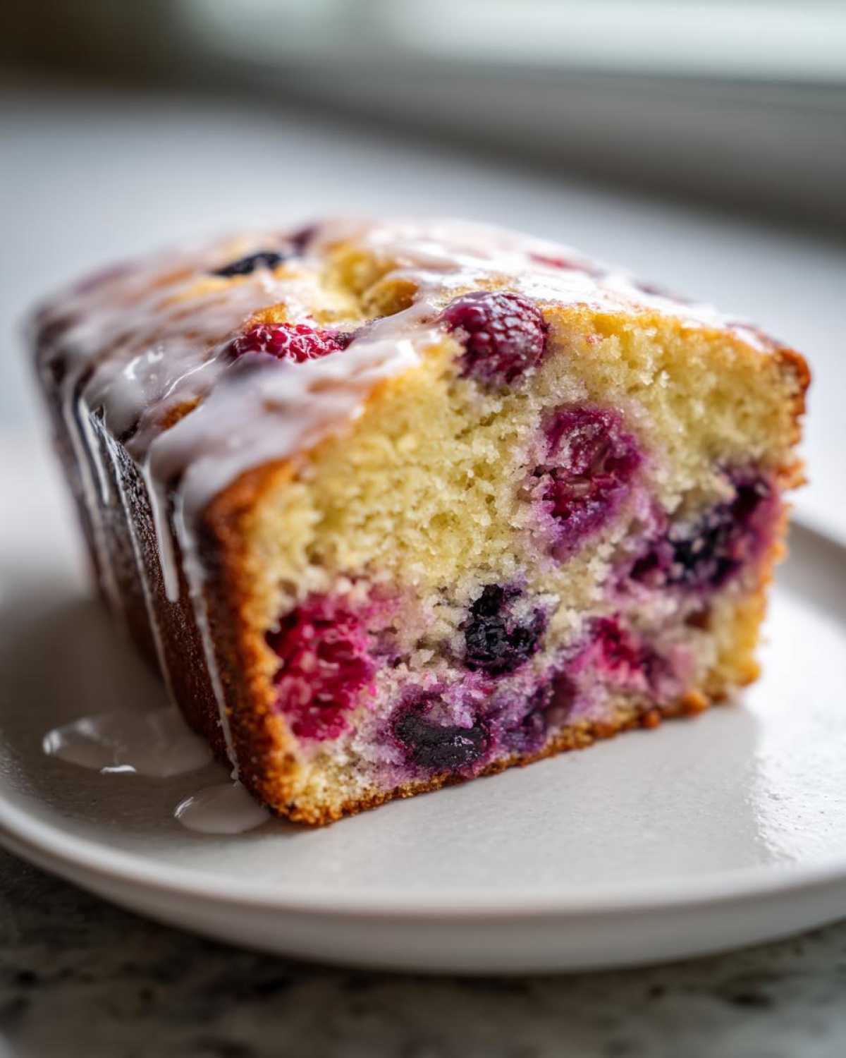 Close-up of a slice of Gluten-Free Lemon Berry Yogurt Cake, showing moist crumb packed with raspberries and blueberries, topped with white glaze.