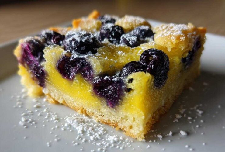 Close-up of a single serving of Gluten-Free Lemon Blueberry Layer Bars with bright yellow filling and dark blueberries, dusted with powdered sugar.