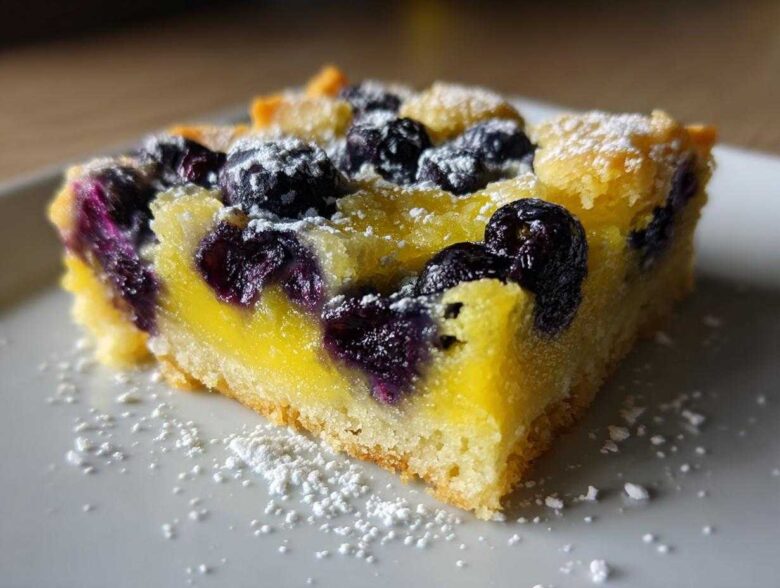 Close-up of a single serving of Gluten-Free Lemon Blueberry Layer Bars with bright yellow filling and dark blueberries, dusted with powdered sugar.