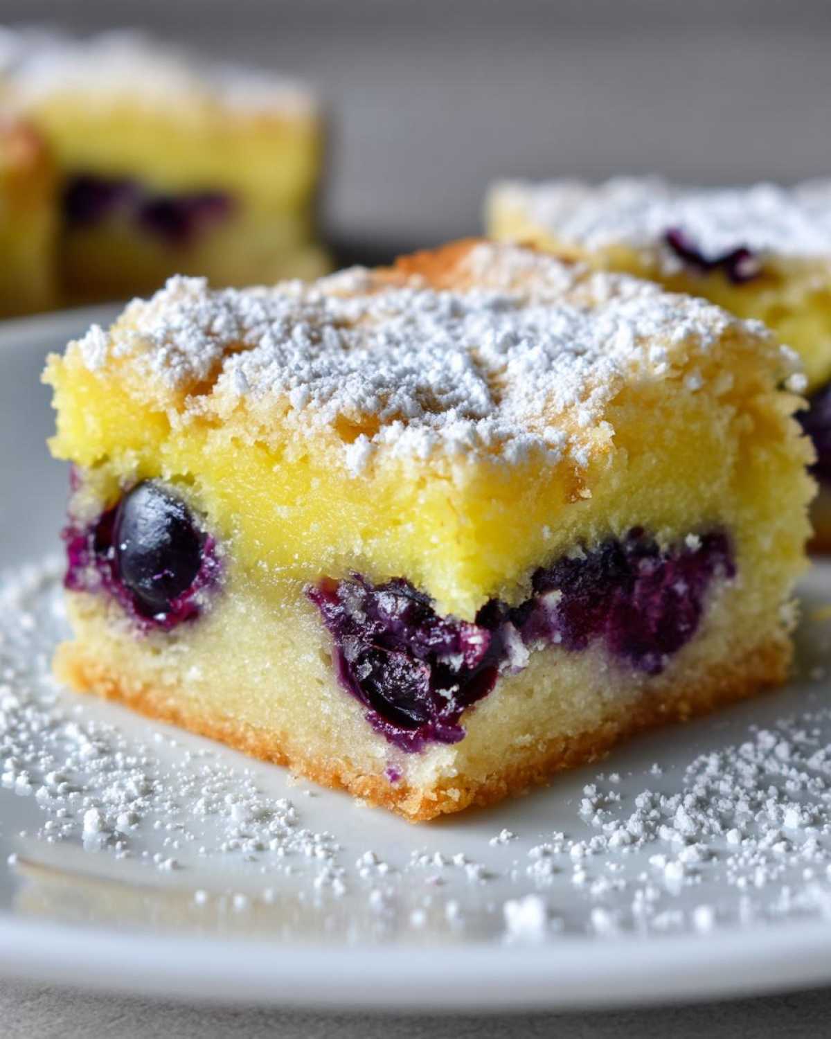 Close-up of a square slice of Gluten-Free Lemon Blueberry Layer Bars topped with powdered sugar.