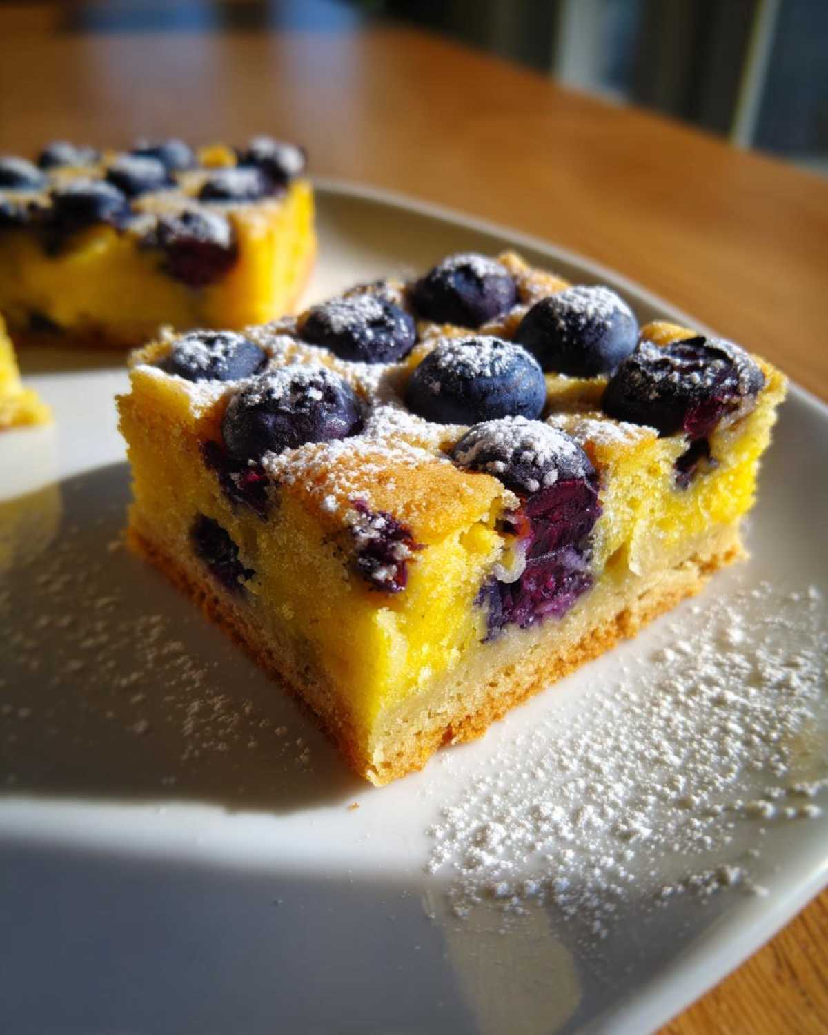 Close-up of a square slice of Gluten-Free Lemon Blueberry Layer Bars topped with fresh blueberries and powdered sugar.