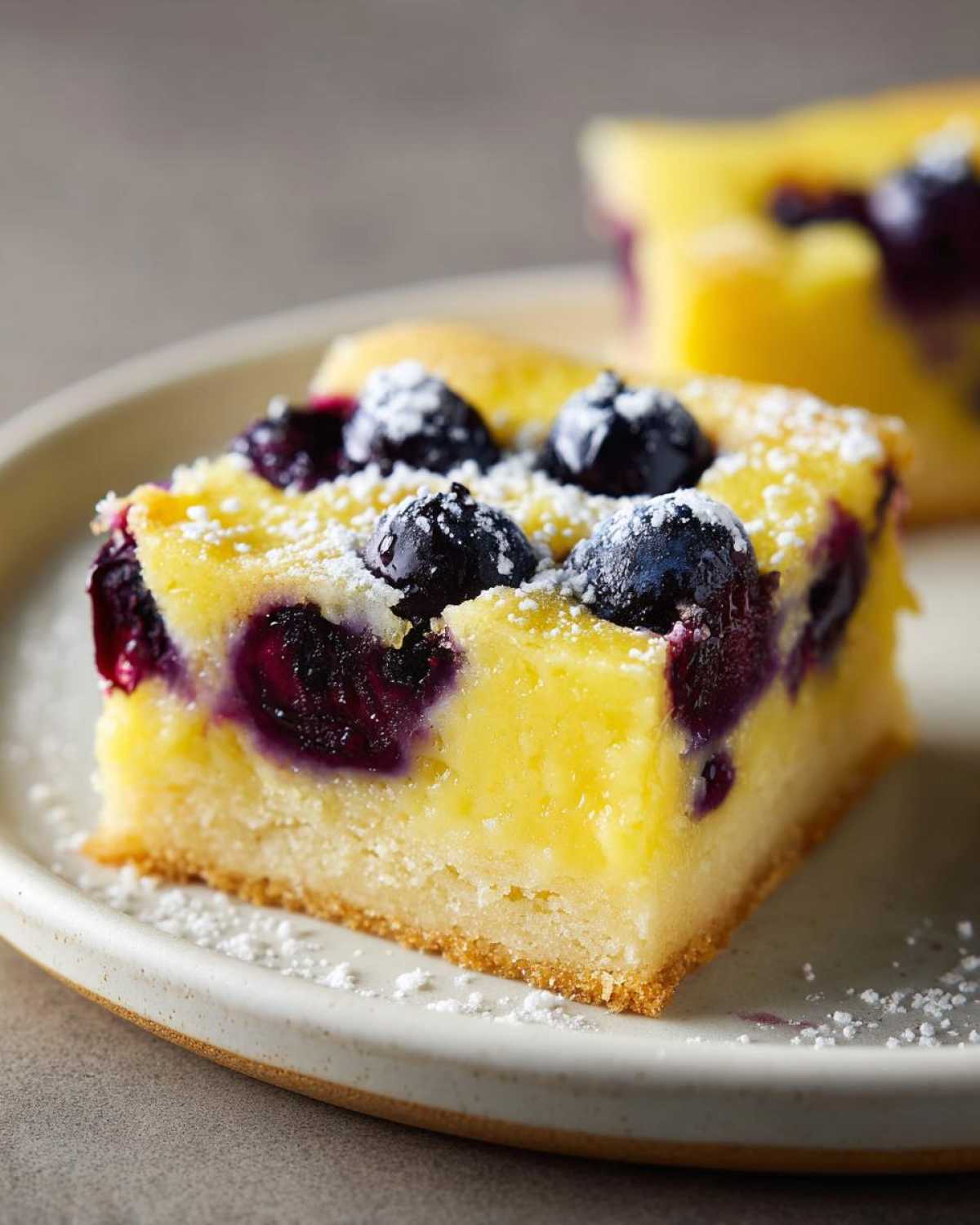 Close-up of a square Gluten-Free Lemon Blueberry Layer Bars slice with a thick crust, topped with fresh blueberries and powdered sugar.
