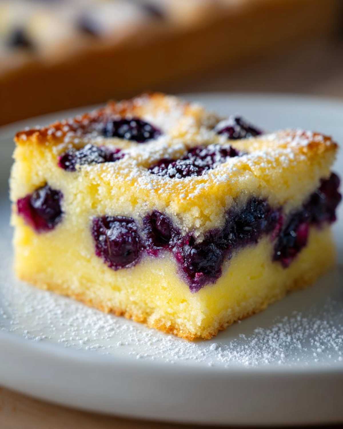 Close-up of a square slice of Gluten-Free Lemon Blueberry Layer Bars, topped with powdered sugar.