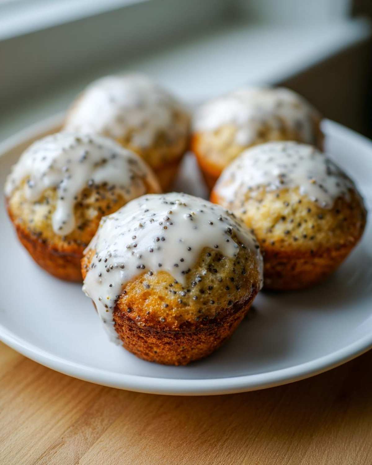 Close-up of five Gluten-Free Lemon Poppy Seed Donut Holes topped with a thick lemon glaze and poppy seeds.