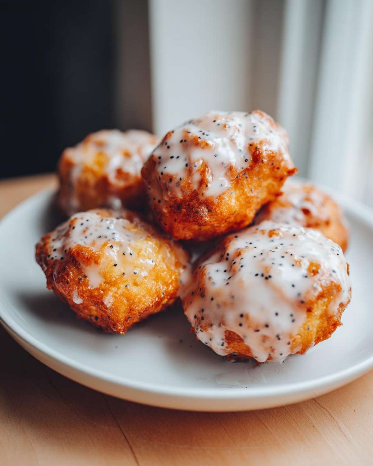 Close-up of several golden Gluten-Free Lemon Poppy Seed Donut Holes topped with a thick, white lemon glaze and black poppy seeds.