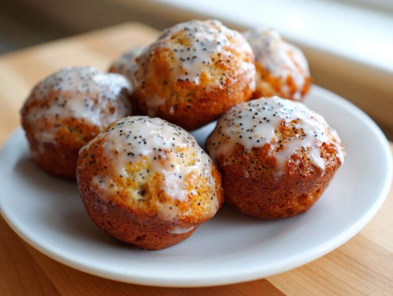A close-up of several Gluten-Free Lemon Poppy Seed Donut Holes topped with a white lemon glaze and poppy seeds, resting on a white plate.