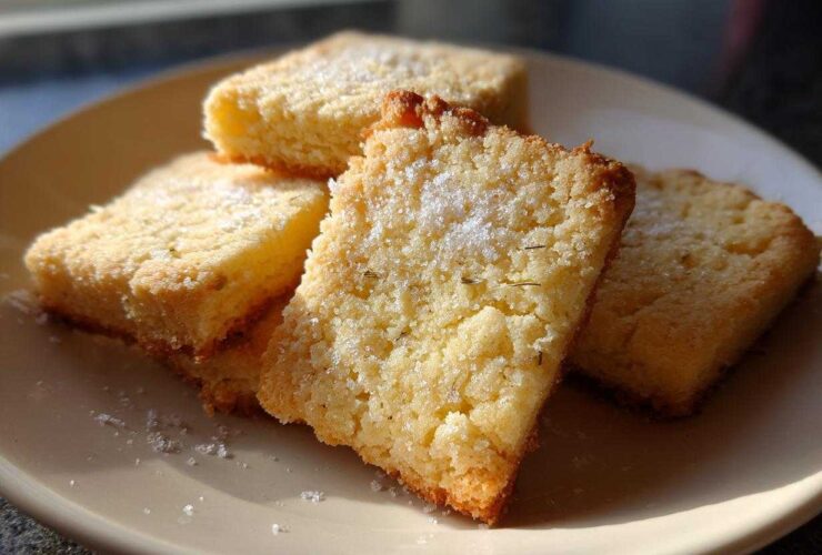 Close-up of four Gluten-Free Lemon Thyme Shortbread Cookies dusted with sugar on a light plate.