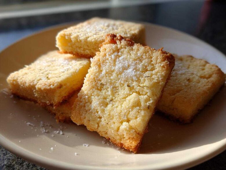 Close-up of four Gluten-Free Lemon Thyme Shortbread Cookies dusted with sugar on a light plate.