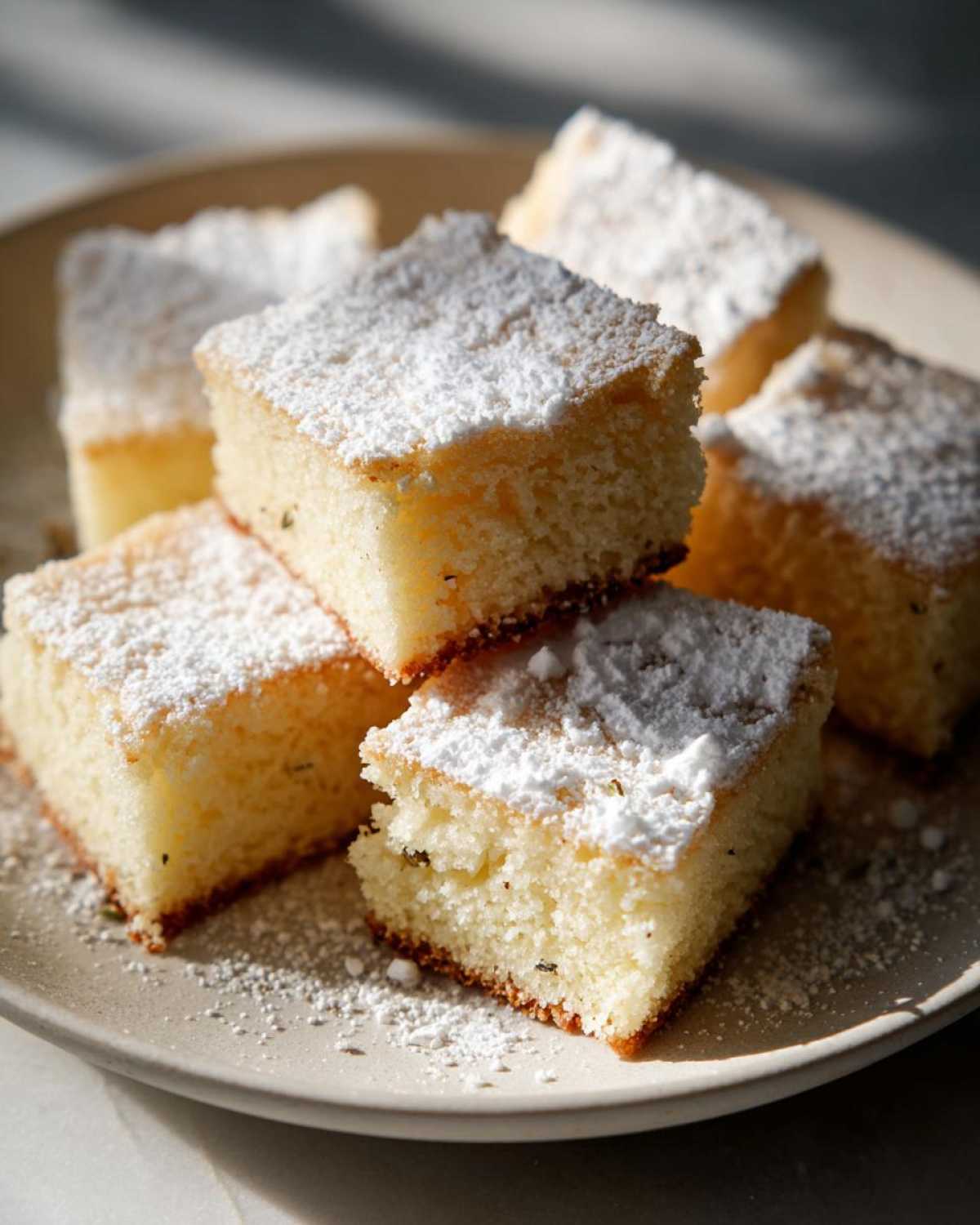 Close-up of square Gluten-Free Lemon Thyme Shortbread Cookies dusted with powdered sugar on a plate.