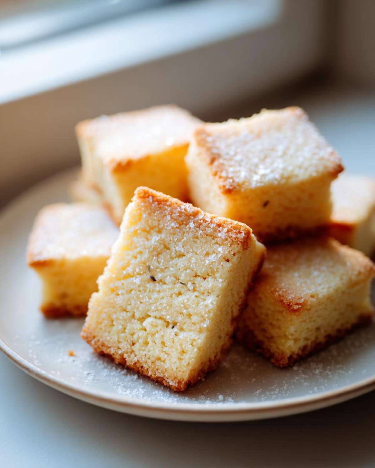 Close-up of several square Gluten-Free Lemon Thyme Shortbread Cookies dusted with sugar on a light plate.