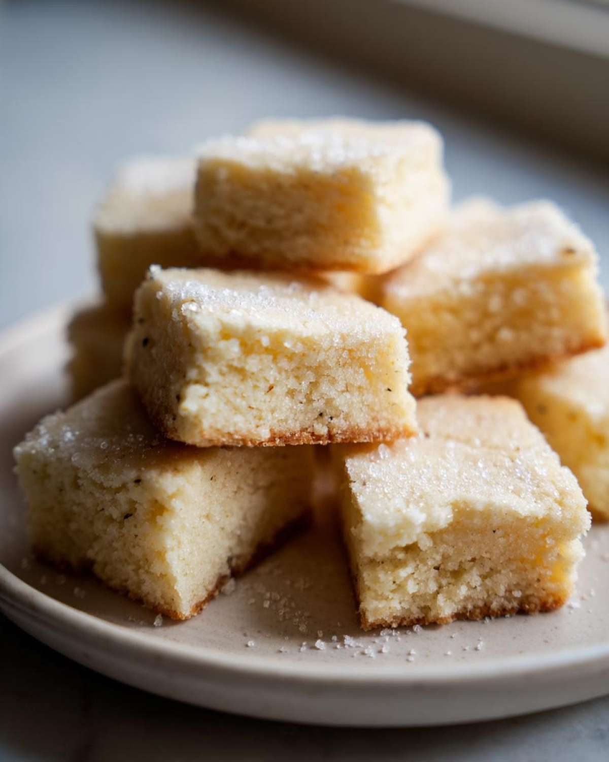 A close-up stack of square Gluten-Free Lemon Thyme Shortbread Cookies topped with coarse sugar crystals.