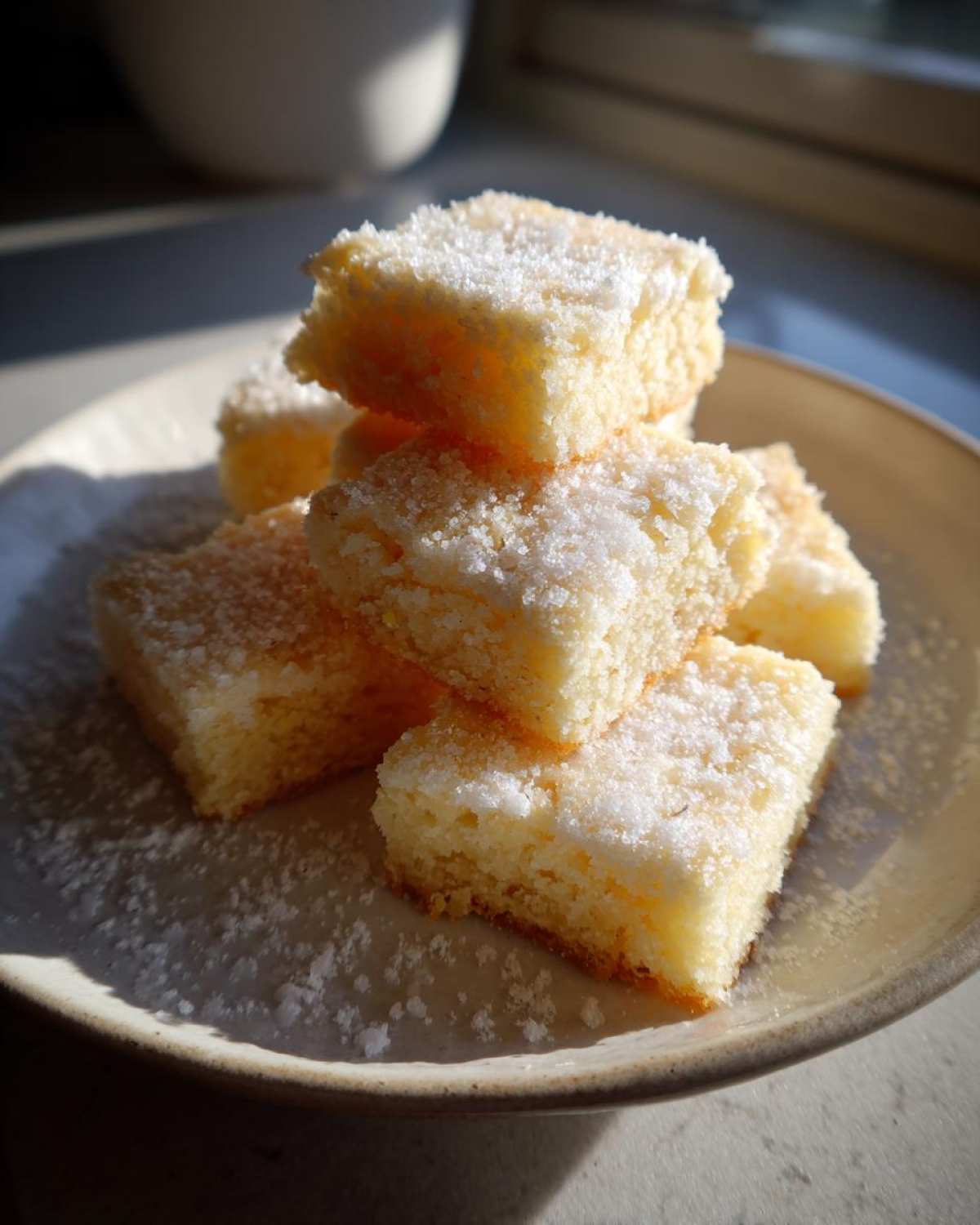 Stack of square Gluten-Free Lemon Thyme Shortbread Cookies dusted with powdered sugar on a light plate.