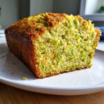 A close-up of a freshly baked loaf of Gluten-Free Lemon Zucchini Bread showing its moist crumb filled with shredded zucchini.