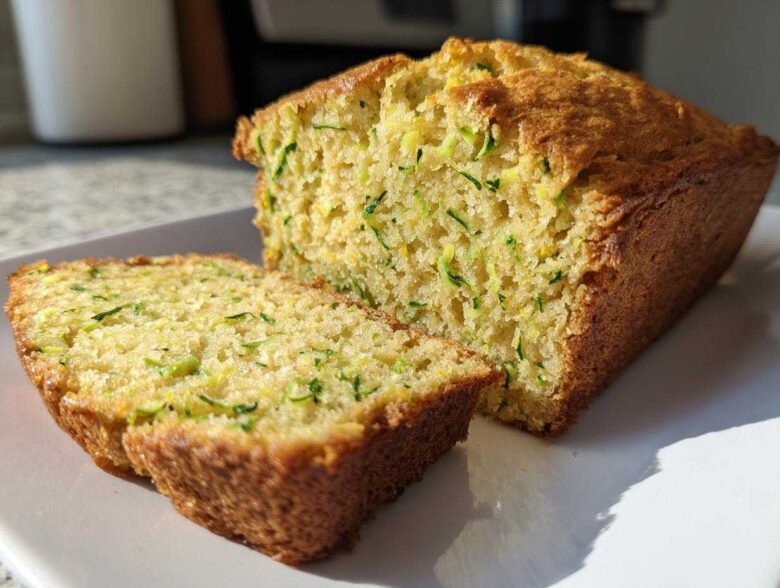 A golden-brown loaf of Gluten-Free Lemon Zucchini Bread, with two slices cut and resting against the main loaf on a white plate.