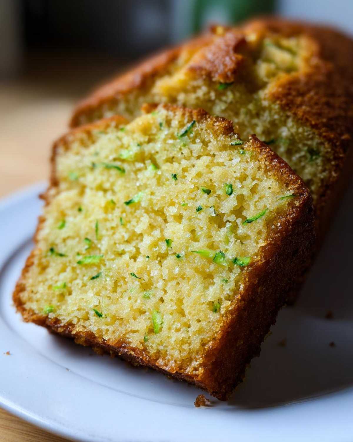 Close-up of a moist slice of Gluten-Free Lemon Zucchini Bread showing flecks of green zucchini.