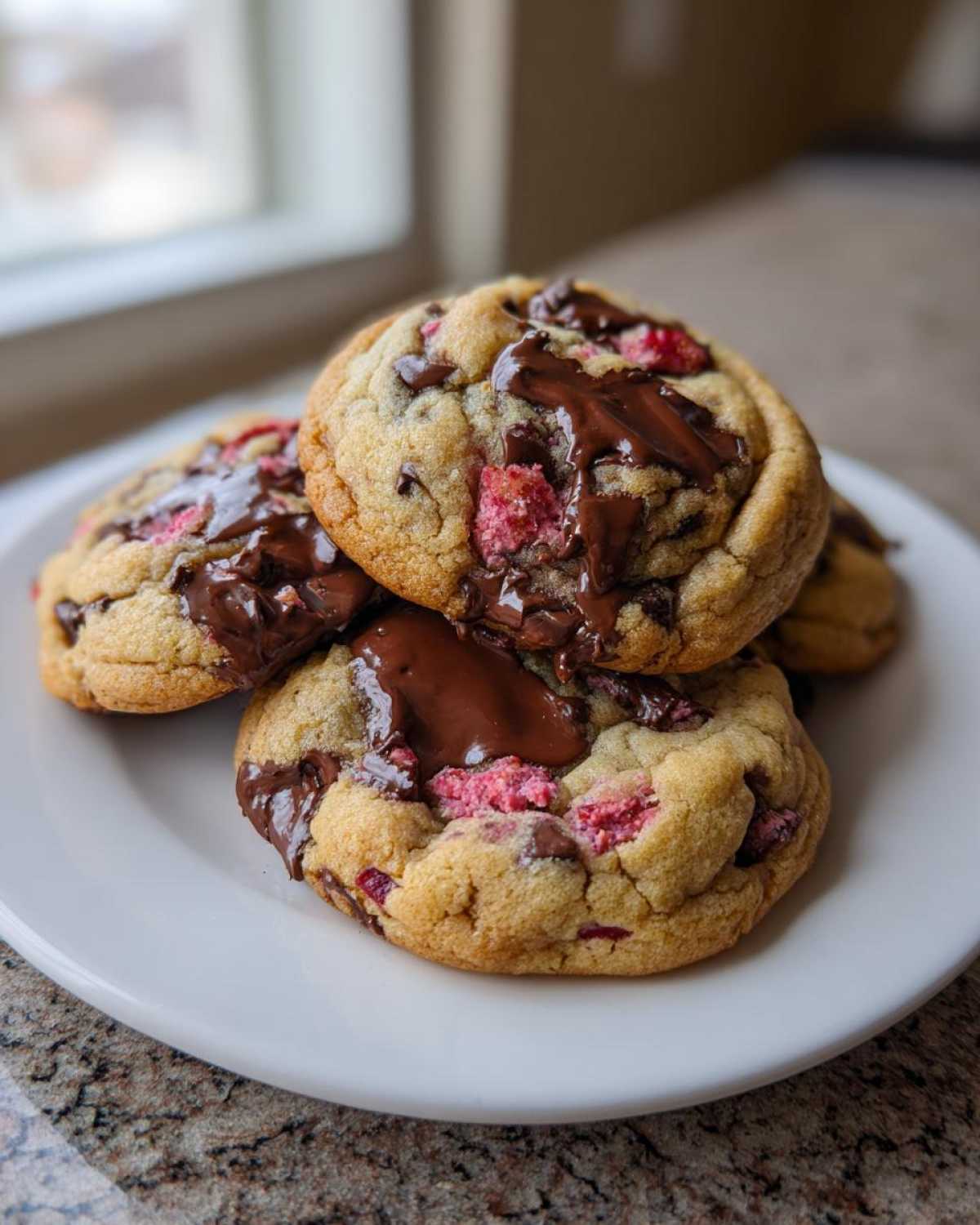 A stack of freshly baked Gluten-Free Strawberry Chocolate Chip Cookies topped with gooey, melted dark chocolate.