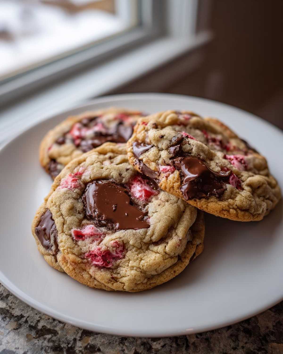 Three freshly baked Gluten-Free Strawberry Chocolate Chip Cookies with melted chocolate chunks on a white plate.