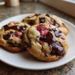 Three soft-baked Gluten-Free Strawberry Chocolate Chip Cookies with melted chocolate pools on a white plate.