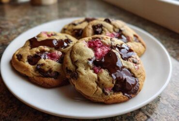 Three soft-baked Gluten-Free Strawberry Chocolate Chip Cookies with melted chocolate pools on a white plate.