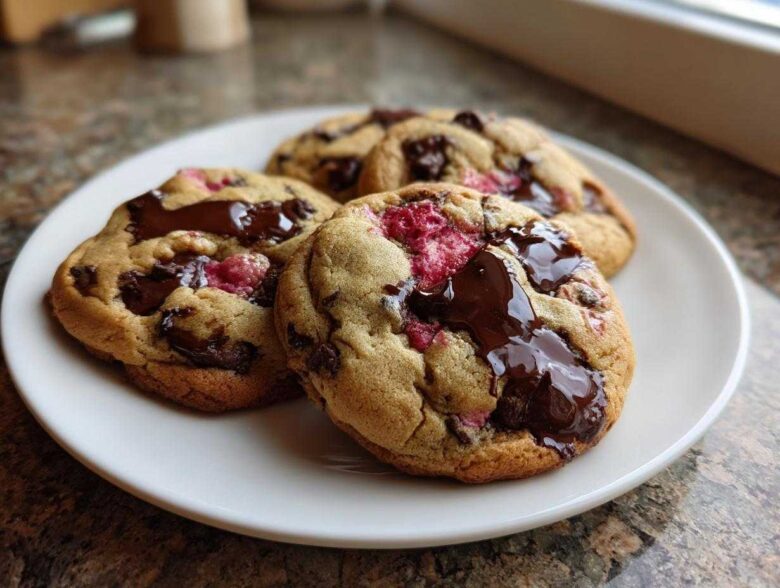 Three soft-baked Gluten-Free Strawberry Chocolate Chip Cookies with melted chocolate pools on a white plate.