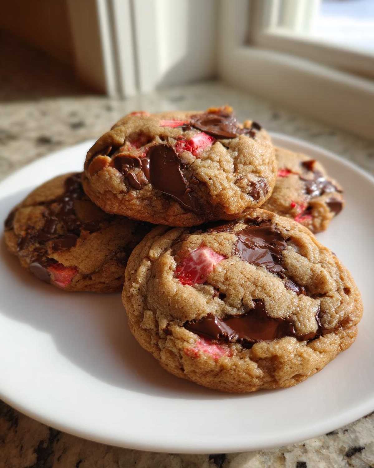 A stack of four soft, thick Gluten-Free Strawberry Chocolate Chip Cookies with melted chocolate chunks on a white plate.