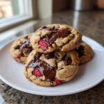A stack of four freshly baked Gluten-Free Strawberry Chocolate Chip Cookies with gooey melted chocolate and visible strawberry pieces.