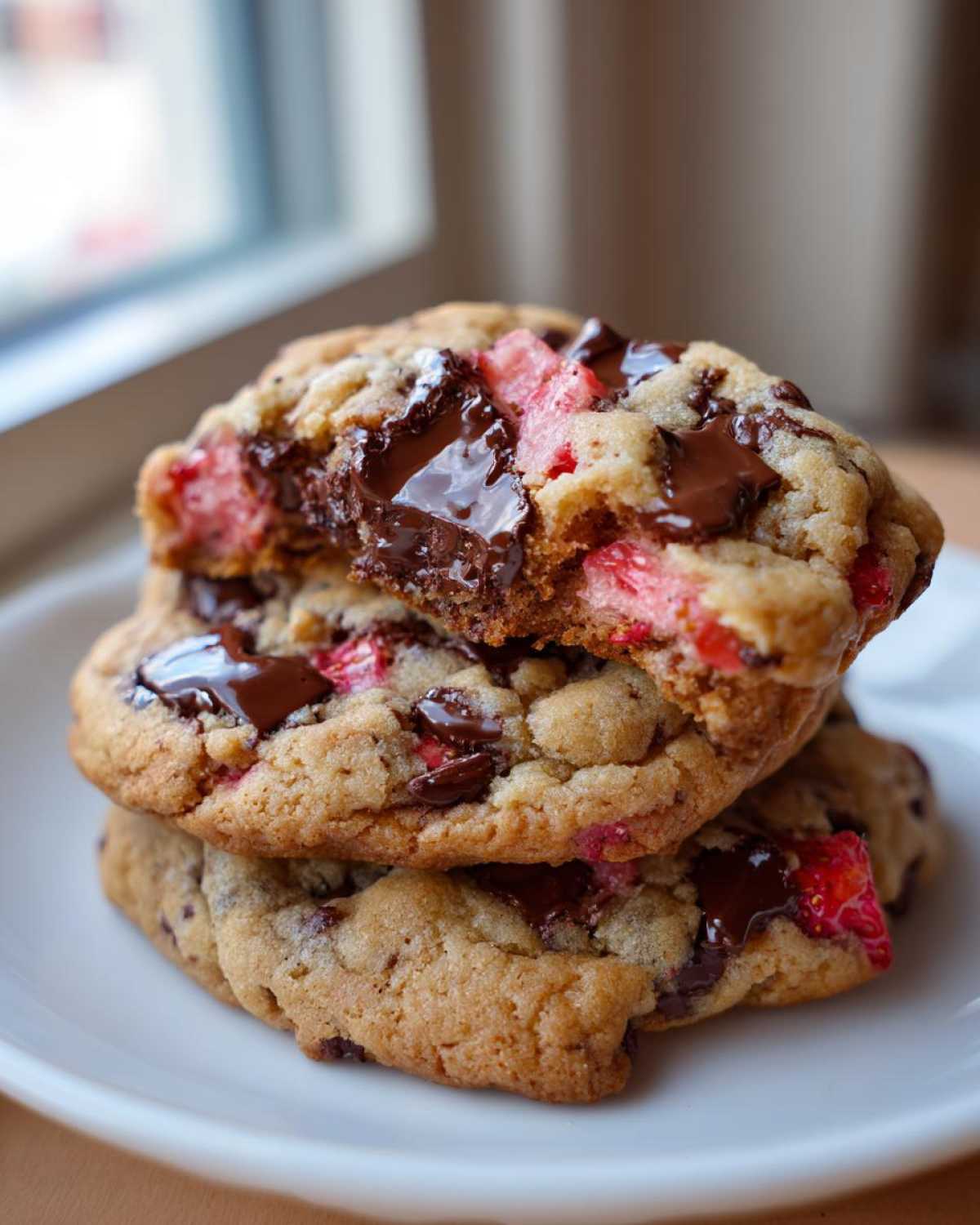 A stack of three soft, gooey Gluten-Free Strawberry Chocolate Chip Cookies with melted chocolate.