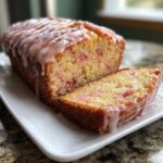 A loaf of Gluten-Free Strawberry Lemon Pound Cake, partially sliced, topped with a dripping pink lemon glaze.