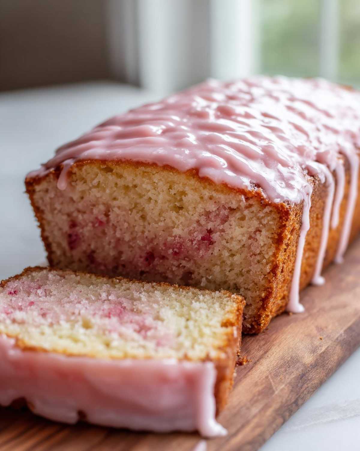 A loaf of Gluten-Free Strawberry Lemon Pound Cake, partially sliced, topped with a thick pink strawberry glaze.