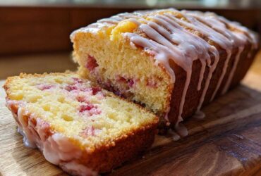 A loaf of Gluten-Free Strawberry Lemon Pound Cake, partially sliced, showing pink strawberry pieces and a lemon glaze drizzle.