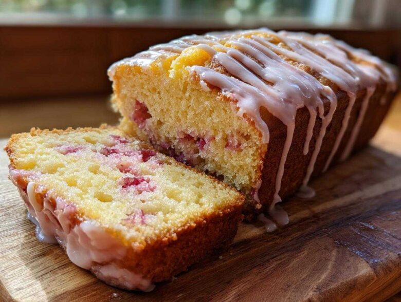 A loaf of Gluten-Free Strawberry Lemon Pound Cake, partially sliced, showing pink strawberry pieces and a lemon glaze drizzle.