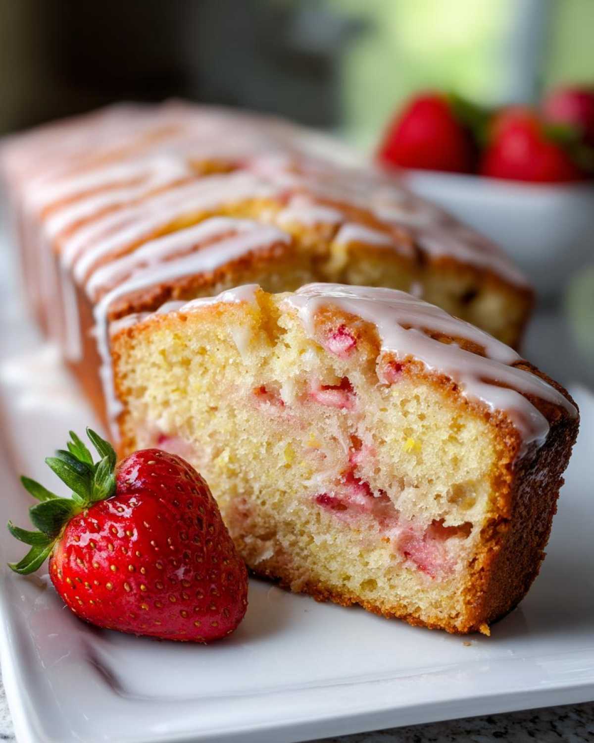 A close-up of a slice of Gluten-Free Strawberry Lemon Pound Cake, showing strawberries baked inside and topped with a white lemon glaze.