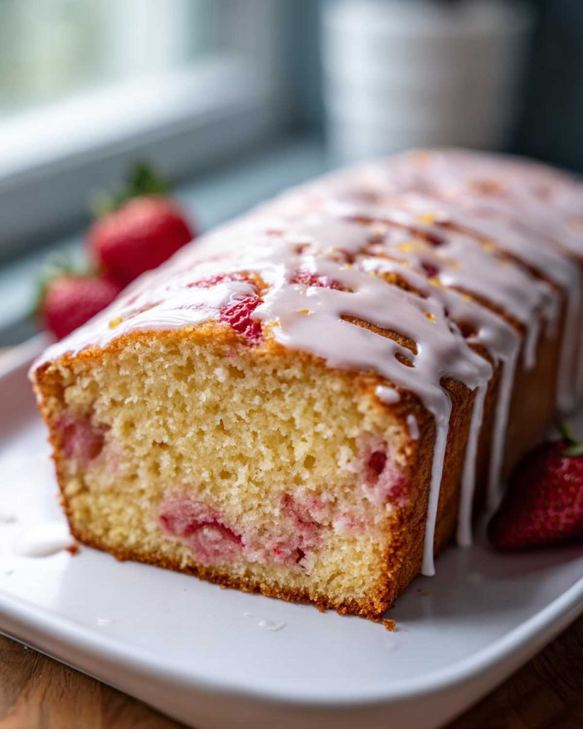 A close-up of a slice of Gluten-Free Strawberry Lemon Pound Cake drizzled with white glaze and fresh strawberries nearby.