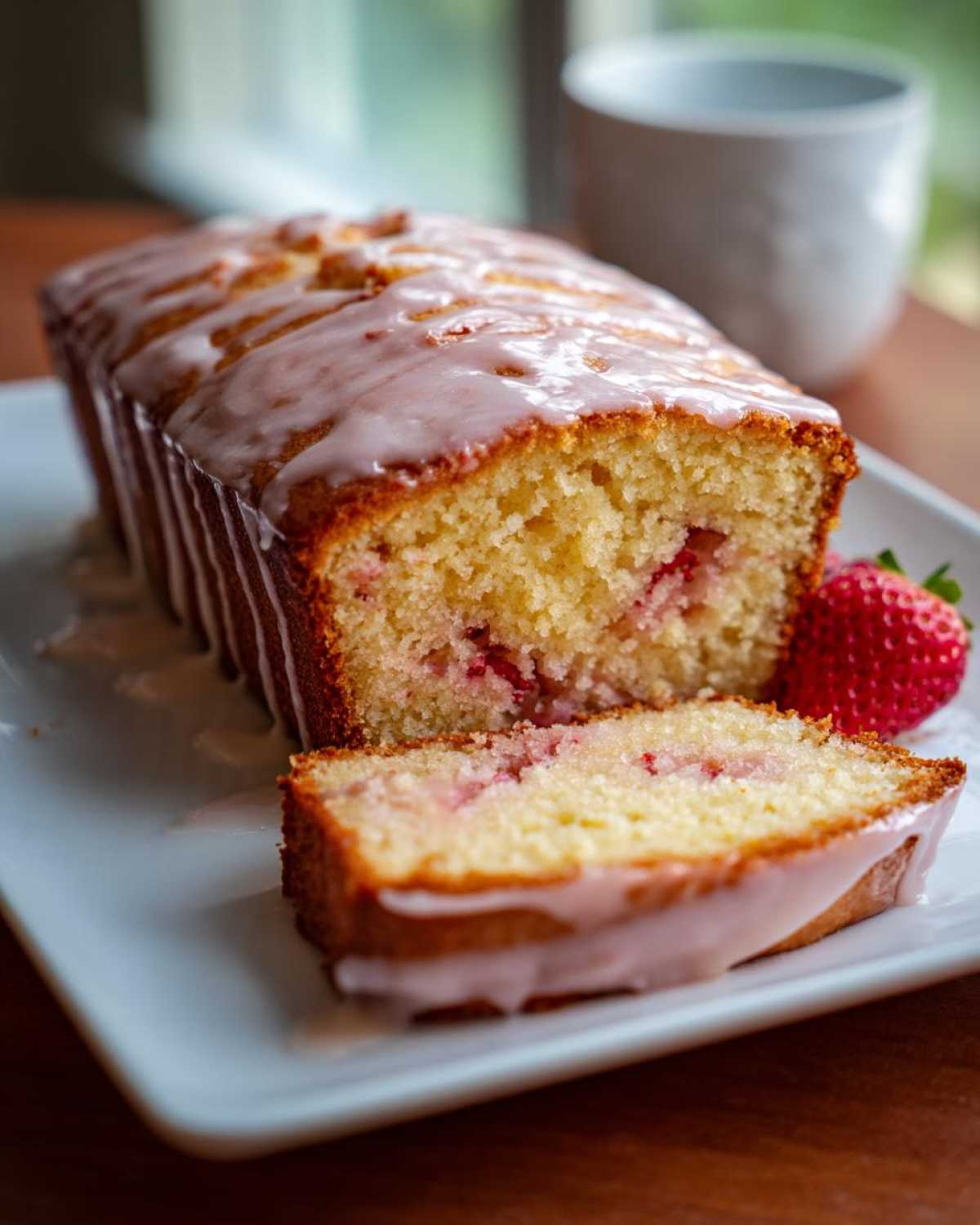 A slice cut from a loaf of Gluten-Free Strawberry Lemon Pound Cake, topped with a pink lemon glaze and served next to a fresh strawberry.