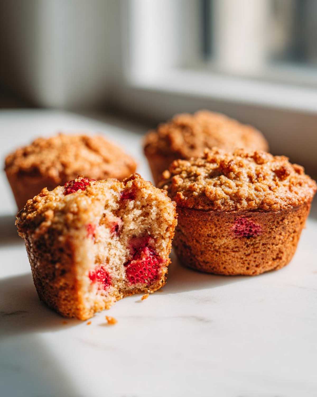 Close-up of a Gluten-Free Strawberry Oat Muffin broken open showing strawberries inside, next to whole muffins.