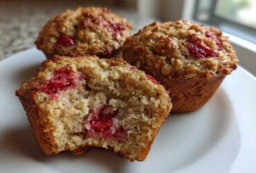 Close-up of three Gluten-Free Strawberry Oat Muffins, one broken open showing the moist interior and bright red strawberries.