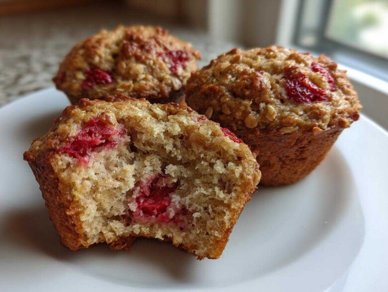 Close-up of three Gluten-Free Strawberry Oat Muffins, one broken open showing the moist interior and bright red strawberries.