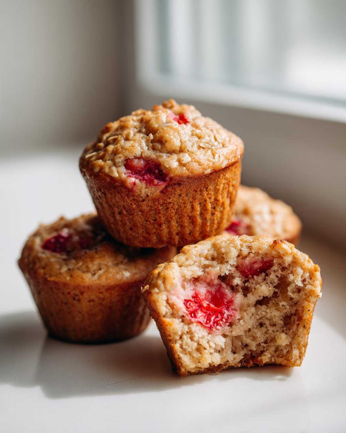 A stack of moist Gluten-Free Strawberry Oat Muffins, with one muffin broken open showing the strawberry filling.