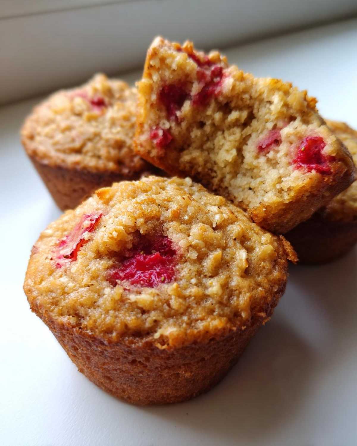 A stack of golden brown Gluten-Free Strawberry Oat Muffins, one broken open showing the moist interior and bright red strawberries.
