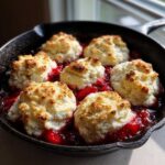 Six golden-brown biscuits topping a bubbling strawberry filling in a cast-iron Gluten-Free Strawberry Shortcake Skillet.