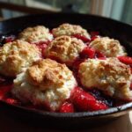 Close-up of warm Gluten-Free Strawberry Shortcake Skillet with golden biscuits nestled in bright red strawberries.