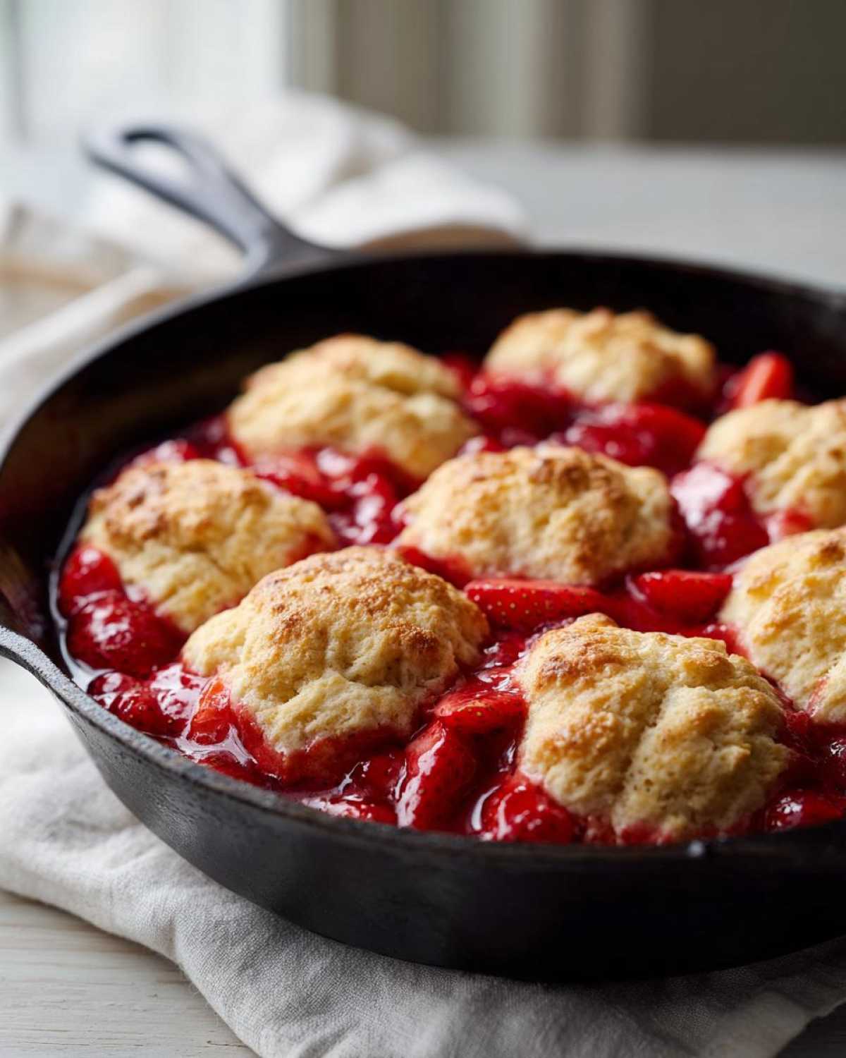 Close-up of warm Gluten-Free Strawberry Shortcake Skillet with golden biscuits nestled in bright red strawberries in a black cast iron pan.