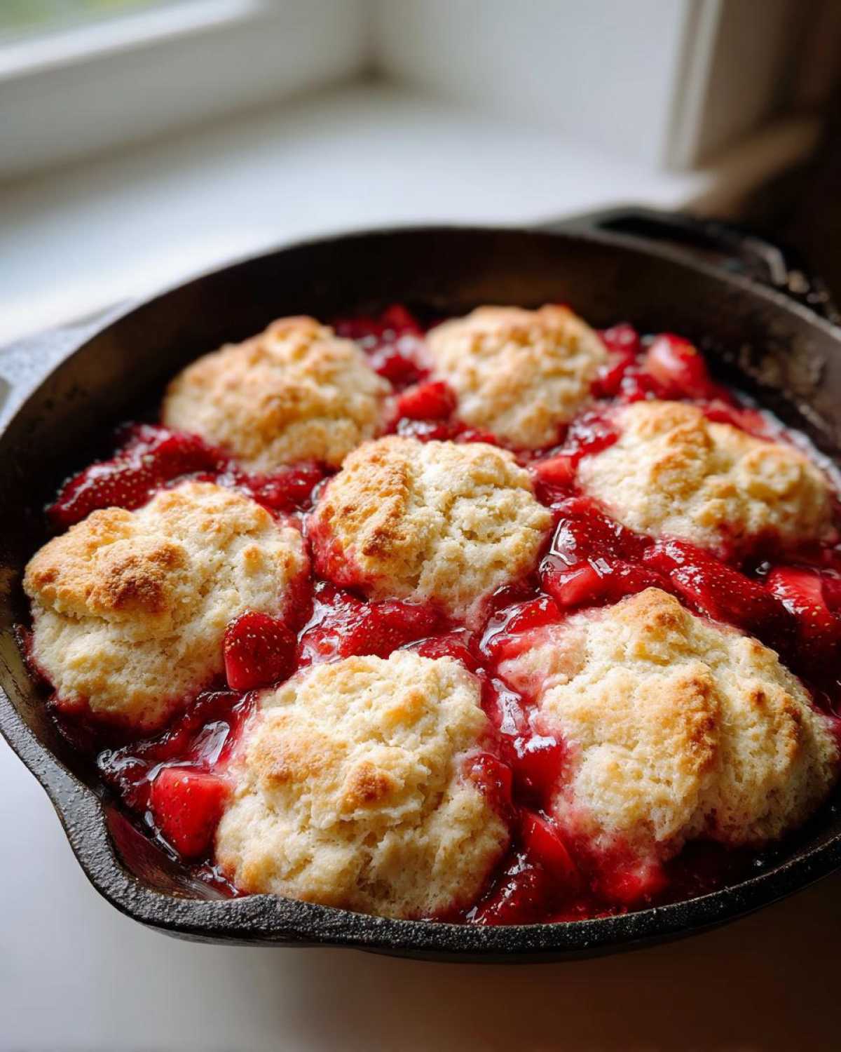Close-up of a Gluten-Free Strawberry Shortcake Skillet with golden biscuits nestled in bright red strawberries in a black cast iron pan.