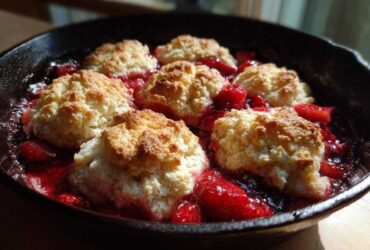 Close-up of warm Gluten-Free Strawberry Shortcake Skillet with golden biscuits nestled in bright red strawberries.
