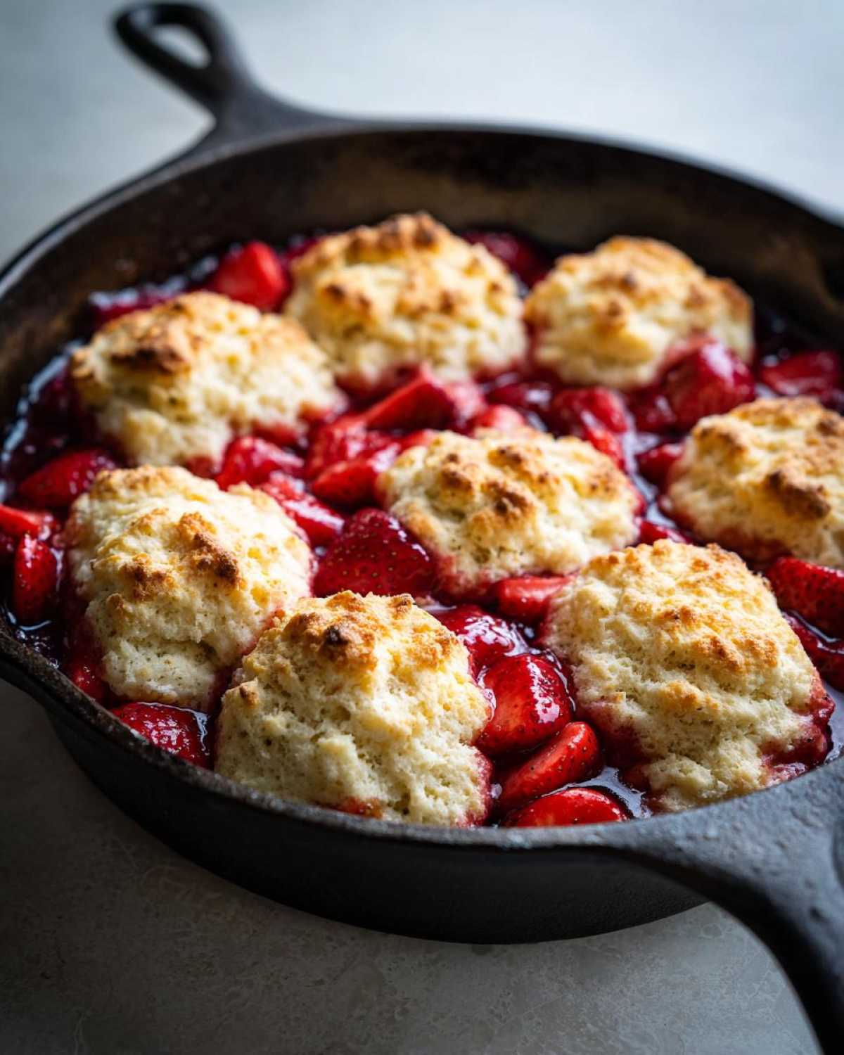 Close-up of warm Gluten-Free Strawberry Shortcake Skillet with golden biscuits nestled in bright red strawberries in a black cast iron pan.