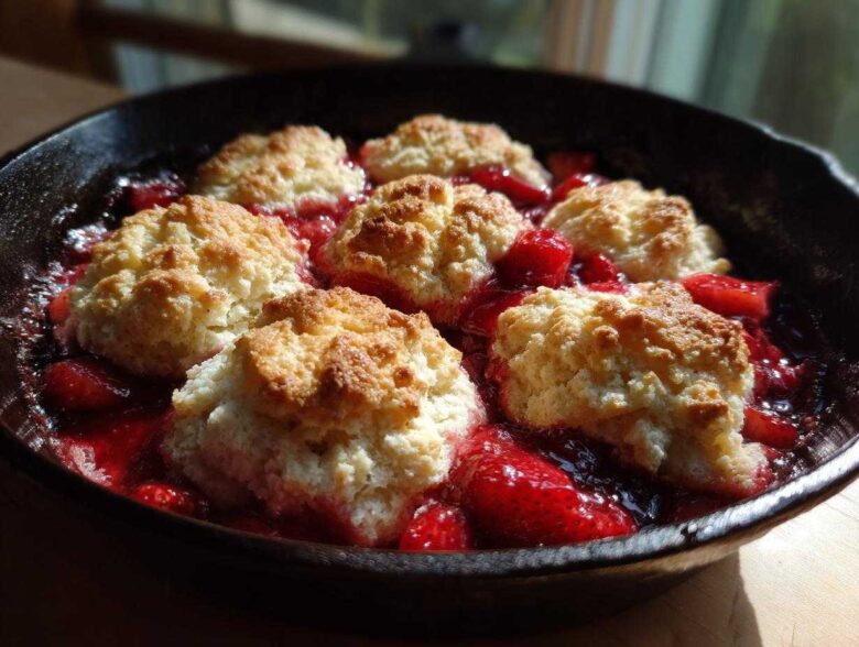 Close-up of warm Gluten-Free Strawberry Shortcake Skillet with golden biscuits nestled in bright red strawberries.