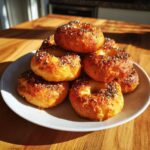 A stack of golden baked High-Protein Cottage Cheese Bagel Bites topped with everything bagel seasoning on a white plate.
