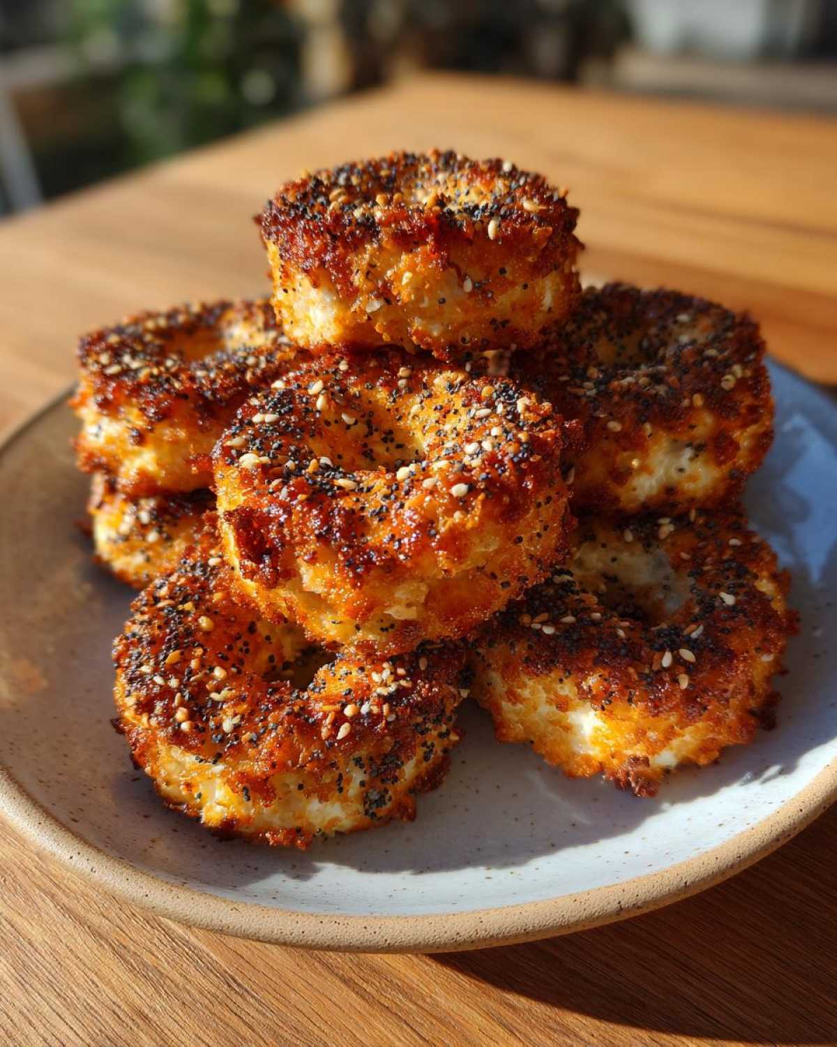 A stack of golden-brown High-Protein Cottage Cheese Bagel Bites topped with everything bagel seasoning on a speckled plate.