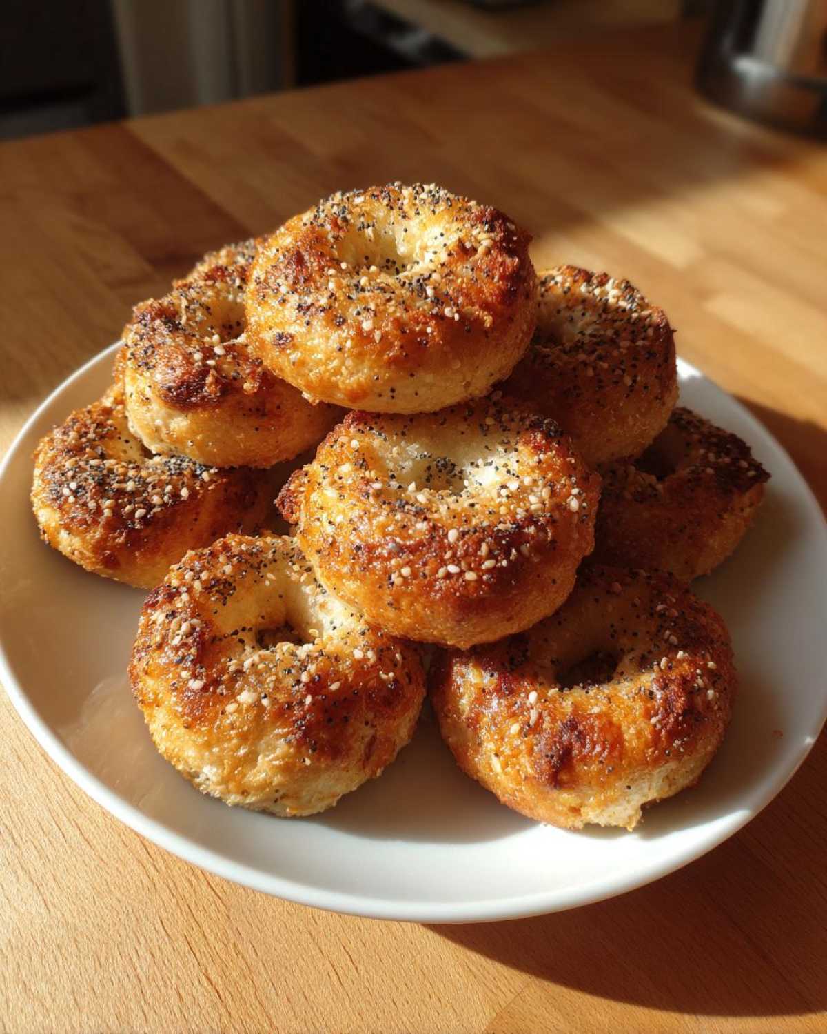 A stack of golden-brown High-Protein Cottage Cheese Bagel Bites topped with everything bagel seasoning on a white plate.