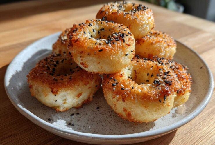 A stack of golden-brown High-Protein Cottage Cheese Bagel Bites topped with everything bagel seasoning on a speckled plate.